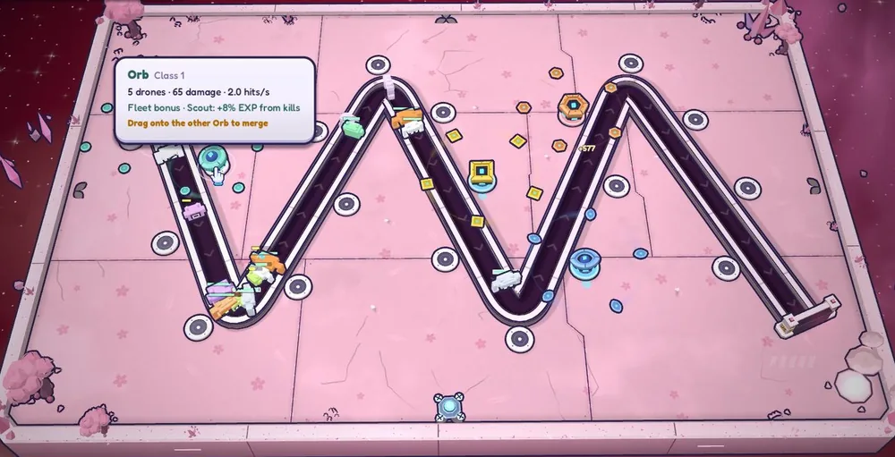 Fajor gameplay: geometric ships defend a zigzag lane on a pink board floating in space