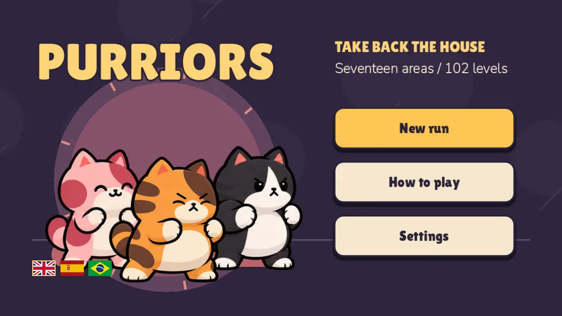 Purriors title screen: Ember, Chonky and Biscuit in fighting stances on a plum background